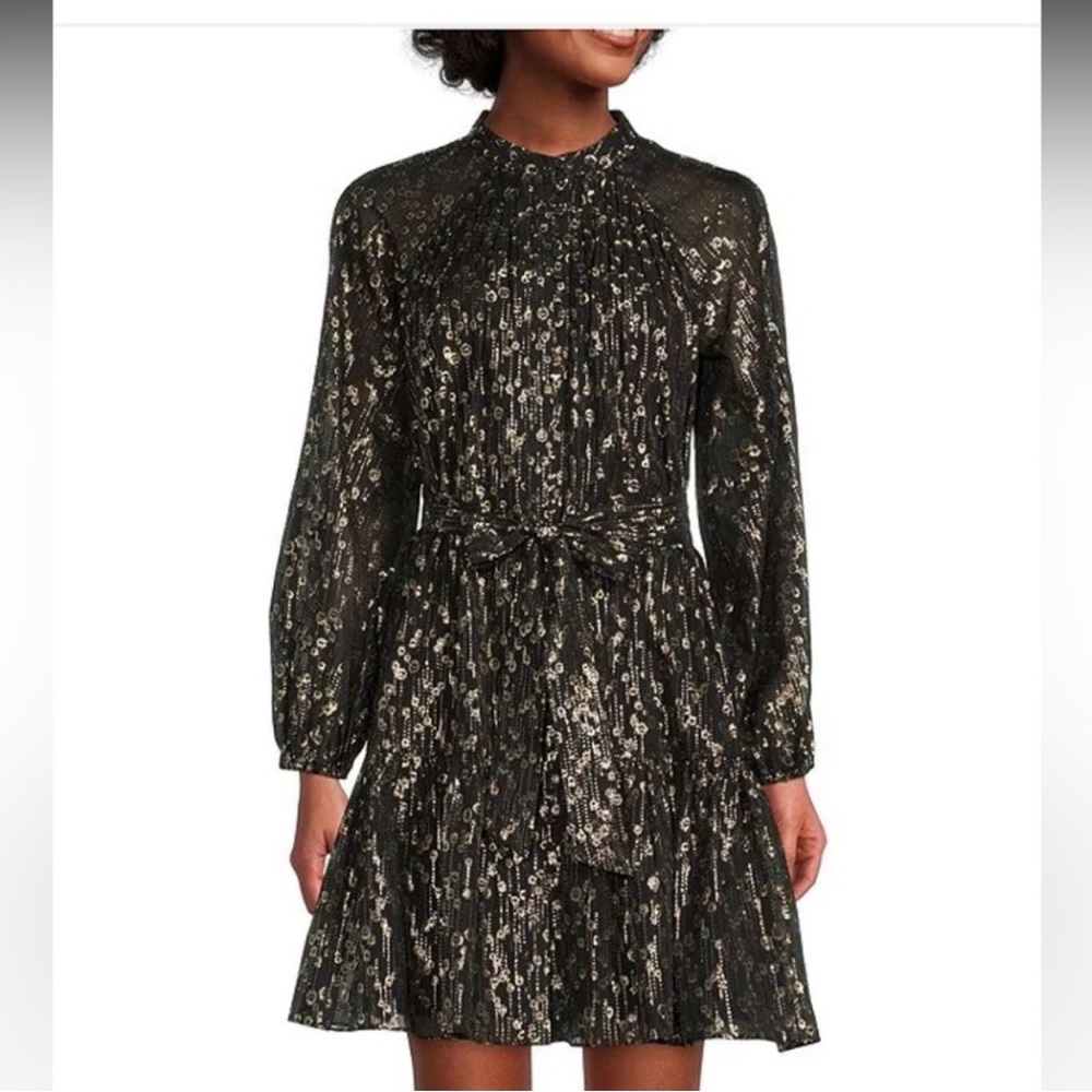 Antonio Melani Camila Long Sleeve Mock Neck Self-Tie Belted Chiffon Metallic